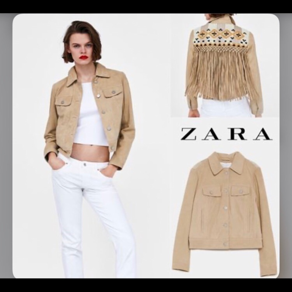ZARA TAN FAUX SUEDE JACKET WITH FRINGE